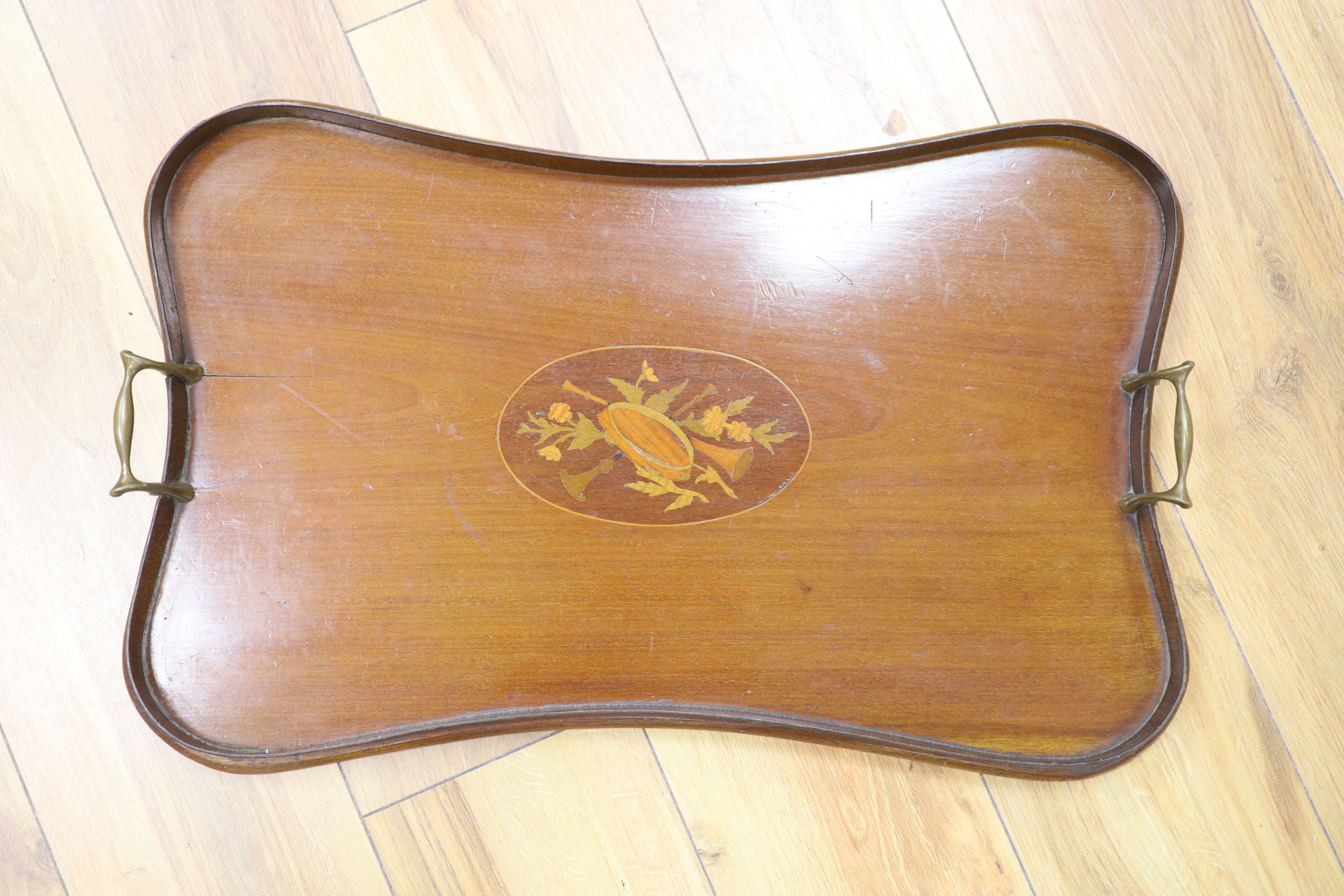 A Sheraton revival marquetry and mahogany tray, 58 x 37cm